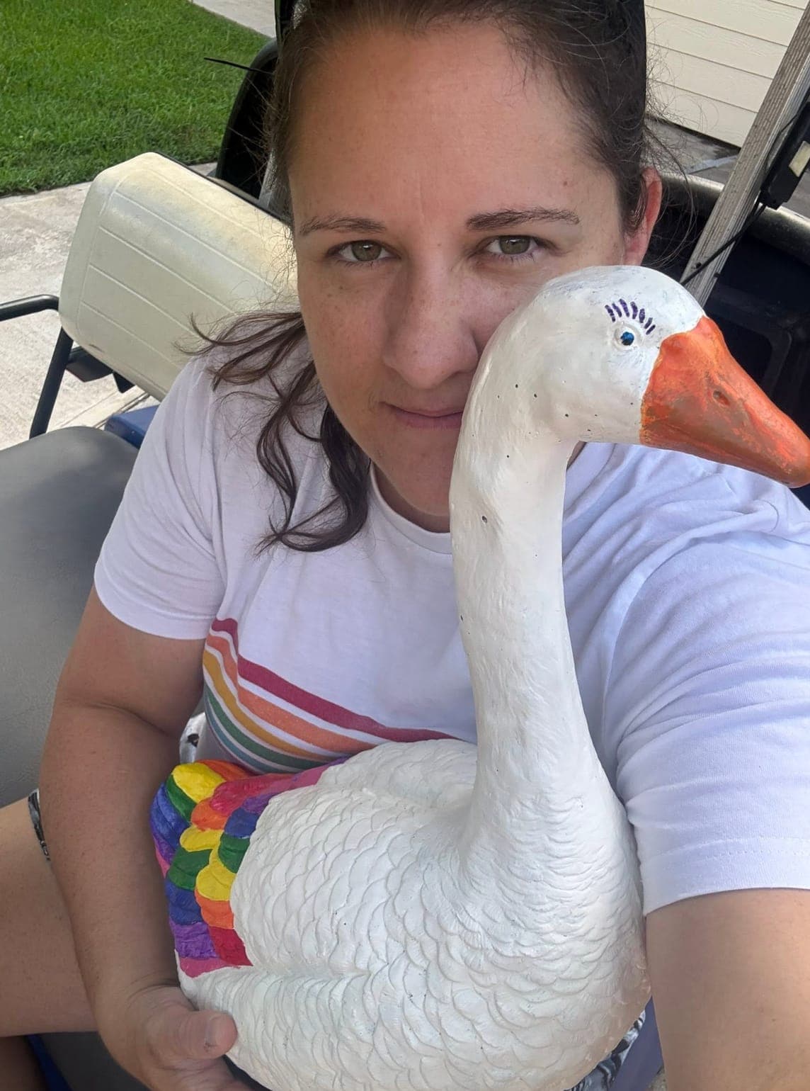 Gelso with her pride rainbow goose โ a one-of-a-kind custom paint